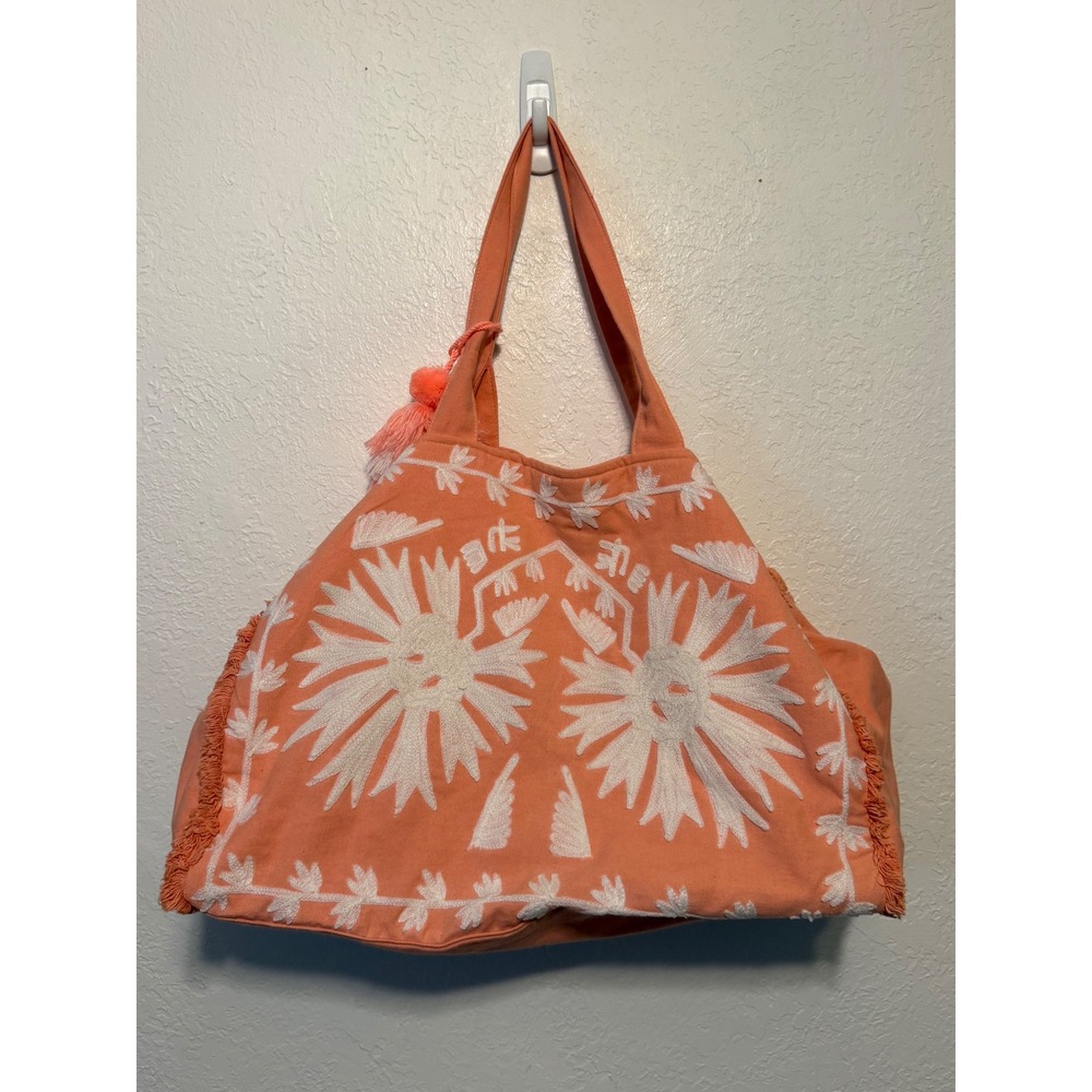 Debbie Katz South Beach Coral Orange Embroidered Cotton Canvas Tote Bag Tassel